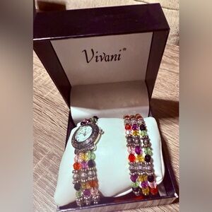 Vivani Quartz Silver Watch with Colorful Beaded Strap and Matching Bracelet #NWT